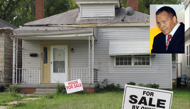 For sale signs are shown Monday, Aug. 27, 2012 on the front lawn of what was the boyhood home of boxing great Muhammad Ali (inset), The owner says he is asking $50,000 for the small white house in Louisville, Ky. /AP Photos/Bruce Schreiner/ Mark Humphrey (inset)