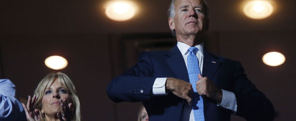 Vice President Joe Biden and his wife Jill watch speakers during the Democratic National Convention in Charlotte, N.C., on Wednesday, Sept. 5, 2012. /AP Photo/Jae C. Hong