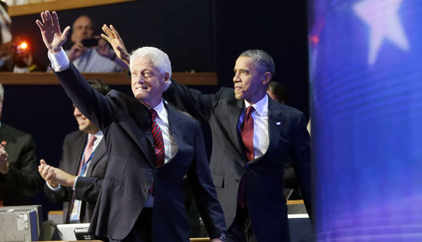 President Barack Obama joins former President Bill Clinton onstage at the Democratic National Convention, Wednesday, Sept. 5, 2012, in Charlotte, N.C. /AP Photo/Pablo Martinez Monsivais