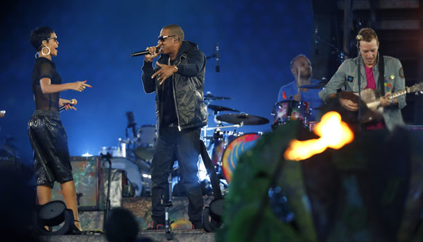 Jay-Z, Rihanna, and British musician Chris Martin, r, the frontman of the band Coldplay, perform during the closing ceremony for the 2012 Paralympics, Sunday, Sept. 9, 2012, in London. /AP Photo/Matt Dunham