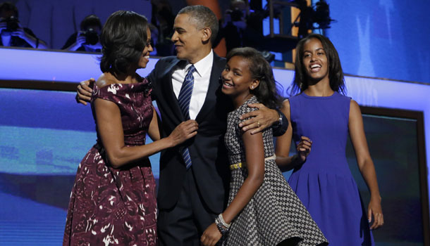 President Barack Obama is joined onstage by first lady Michelle Obama, l, their children Sasha and Malia, r, on the final day of the Democratic National Convention in Charlotte, N.C., Thursday, Sept. 6, 2012. /AP Photo/Charles Dharapak