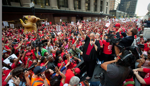 Chicago Teachers Union President Karen Lewis takes a break from negotiations over teachers' contracts with the Chicago Board of Education to address a rally of thousands of public school teachers on Tuesday, Sept. 11, 2012 in downtown Chicago. /AP Photo/Sitthixay Ditthavong