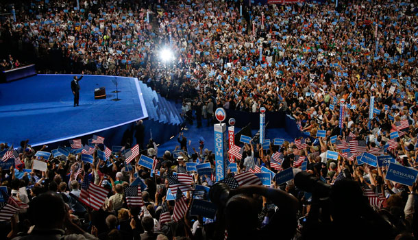 President Barack Obama waves after his speech at the Democratic National Convention in Charlotte, N.C., on Thursday, Sept. 6, 2012. /AP Photo/Jae C. Hong