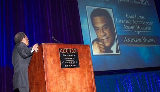 Ambassador Andrew Young receives The John Lewis Lifetime Achievement Award at the 2013 Democratic Jefferson-Jackson Dinner